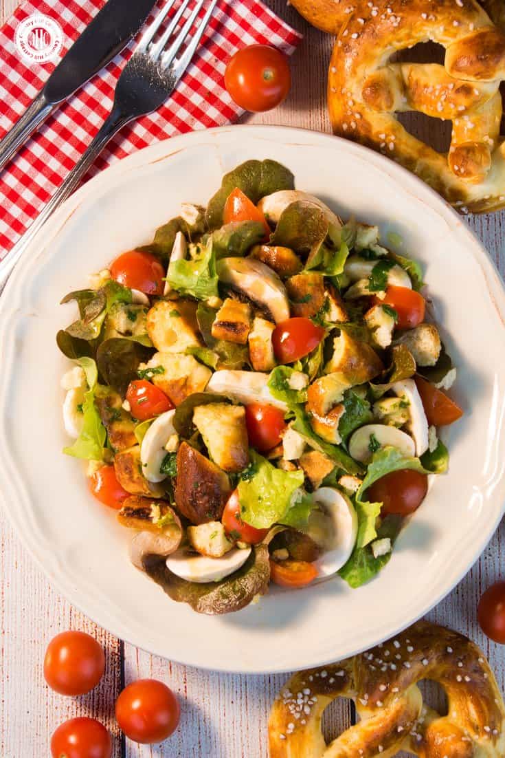 Pretzel Panzanella: This tasty bread salad is packed with crunchy bits of soft pretzels, mushrooms, juicy tomatoes, basil flavour and a generous amount honey mustard. | countryhillcottage.com Pretzel Panzanella: This tasty bread salad is packed with crunchy bits of soft pretzels, mushrooms, juicy tomatoes, basil flavour and a generous amount honey mustard. | countryhillcottage.com