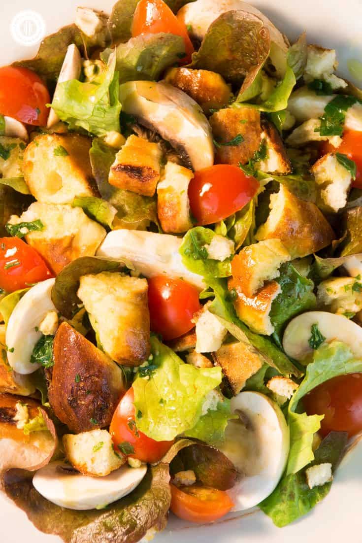 Pretzel Panzanella: This tasty bread salad is packed with crunchy bits of soft pretzels, mushrooms, juicy tomatoes, basil flavour and a generous amount honey mustard. | countryhillcottage.com Pretzel Panzanella: This tasty bread salad is packed with crunchy bits of soft pretzels, mushrooms, juicy tomatoes, basil flavour and a generous amount honey mustard. | countryhillcottage.com
