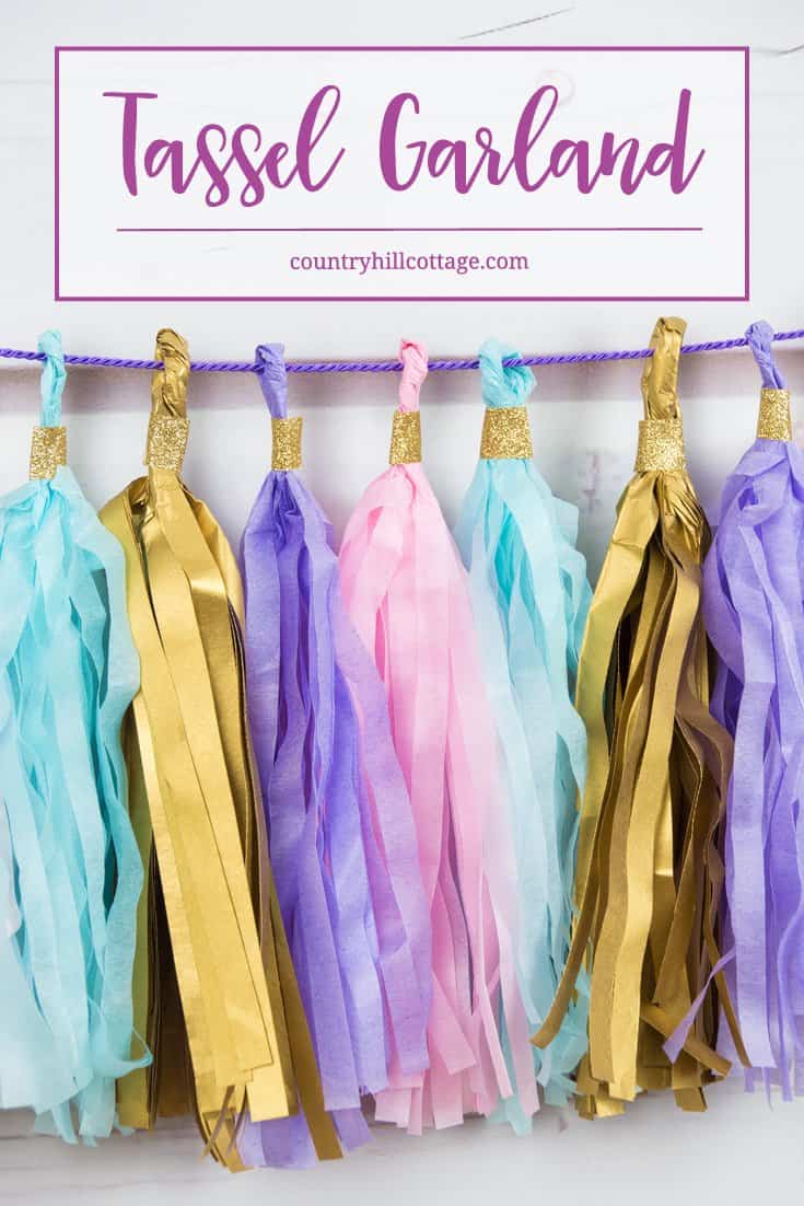 Learn to craft a beautiful tassel garland in 4 easy steps made from tissue paper. This garland looks great as decoration for parties, wedding receptions, and dessert tables. #papercrafts #tissuepaper #paperdecor | countryhillcottage.com