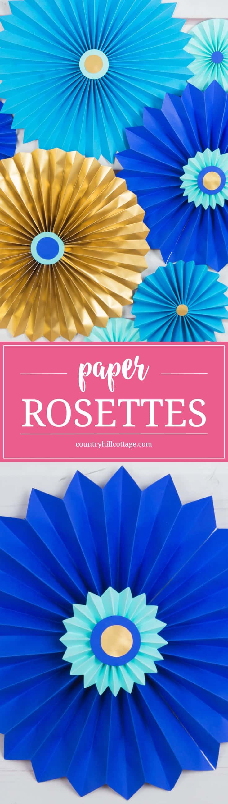 Learn to craft beautiful paper rosettes in our quick and easy paper craft DIY tutorial! They are stunning for parties and weddings, or as wall ornaments. #DIY #papercrafts | countryhillcottage.com Learn to craft beautiful paper rosettes in our quick and easy paper craft DIY tutorial! They are stunning for parties and weddings, or as wall ornaments. #DIY #papercrafts | countryhillcottage.com