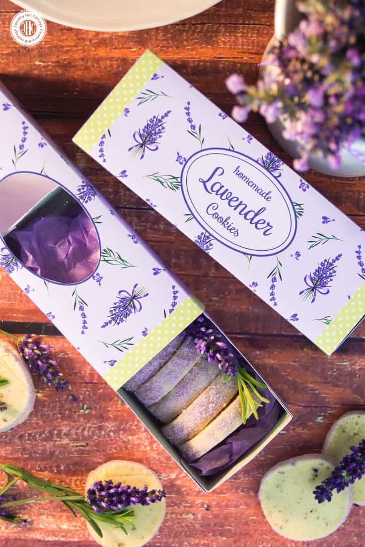 Download the free printable cookie box for lavender cookies at our blog and gift give these aromatic biscuits in style. #freebie #printable #giftbox | countryhillcottage.com