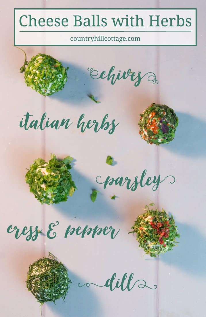 Start off a light summer meal or party with delicious herb-coated cheese balls. The foundation of this mouthwatering and quick-to-make appetiser is made with four different types of cheese that highlight the flavours of the fresh herbs, such as parsley, chives, dill and cress. #herbs #cheese #appetiser | countryhillcottage.com