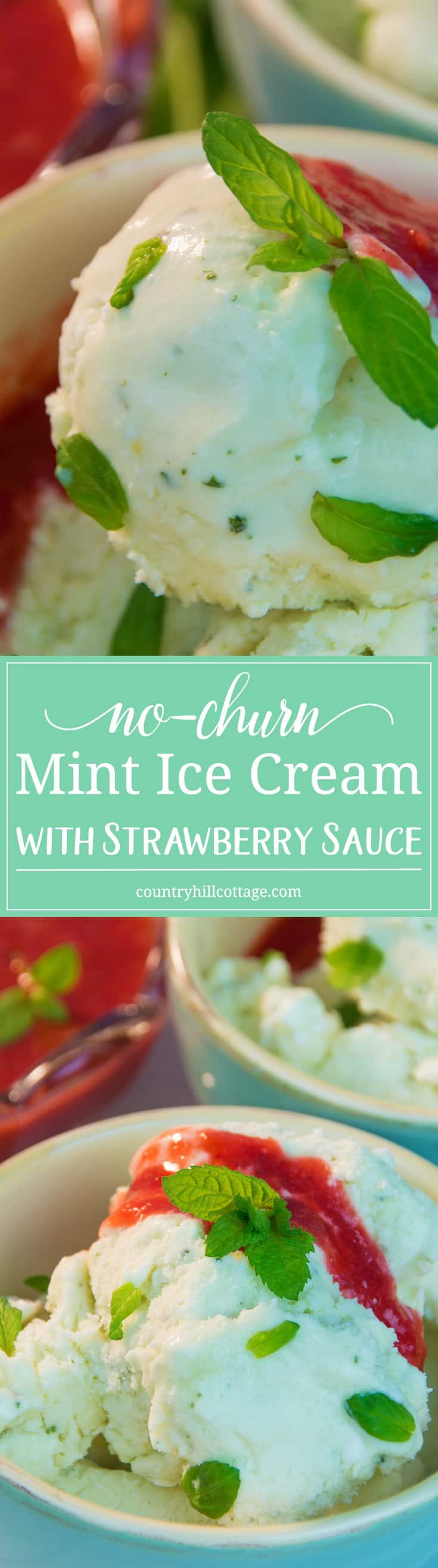 No-Churn Mint Ice Cream with Strawberry Sauce