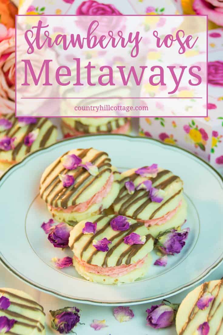 Our strawberry rose meltaways have a delicate, melt-in-your mouth texture. These biscuits are made with dried rose petals, and filled with an airy strawberry and rosewater buttercream. #strawberry #rose #cookies | countryhillcottage.com Our strawberry rose meltaways have a delicate, melt-in-your mouth texture. These biscuits are made with dried rose petals, and filled with an airy strawberry and rosewater buttercream. #strawberry #rose #cookies | countryhillcottage.com