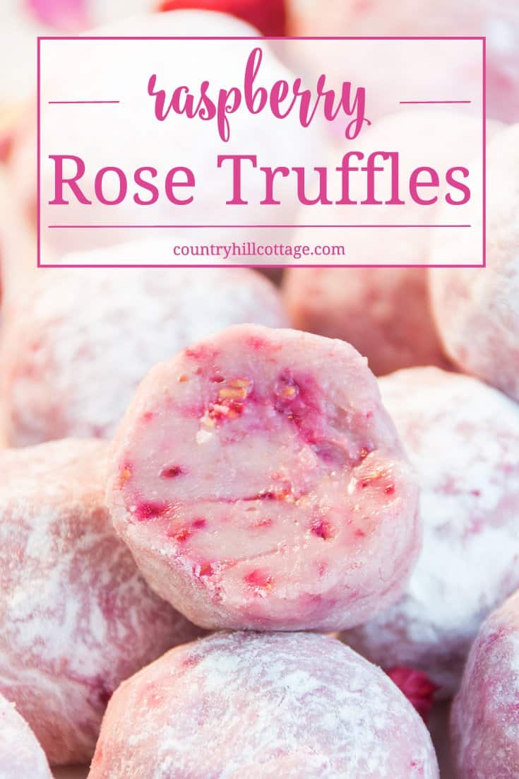 Raspberry rose truffles taste outrageously delicious and you need barely more than white chocolate, freeze-dried raspberries and rosewater to make these tempting treats. #raspberry #chocolate #truffles | countryhillcottage.com