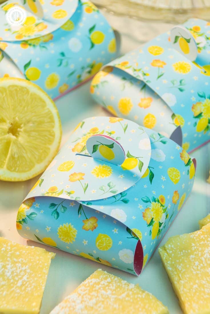 Package our delicious and creamy lemon squares in adorable printable treat boxes and gift them to family and friends! You can get the recipe and free printable at our blog! #freebie #foodgift #printable | countryhillcottage.com Package our delicious and creamy lemon squares in adorable printable treat boxes and gift them to family and friends! You can get the recipe and free printable at our blog! #freebie #foodgift #printable | countryhillcottage.com