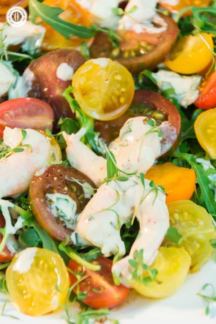Make the most of vibrant summer produce with this flavour-packed tomato arugula salad with shrimp! Serve the salad as a side for BBQ, a starter as part of dinner or as a light meal. #tomatoes #arugula #salad| countryhillcottage.com Make the most of vibrant summer produce with this flavour-packed tomato arugula salad with shrimp! Serve the salad as a side for BBQ, a starter as part of dinner or as a light meal. #tomatoes #arugula #salad| countryhillcottage.com