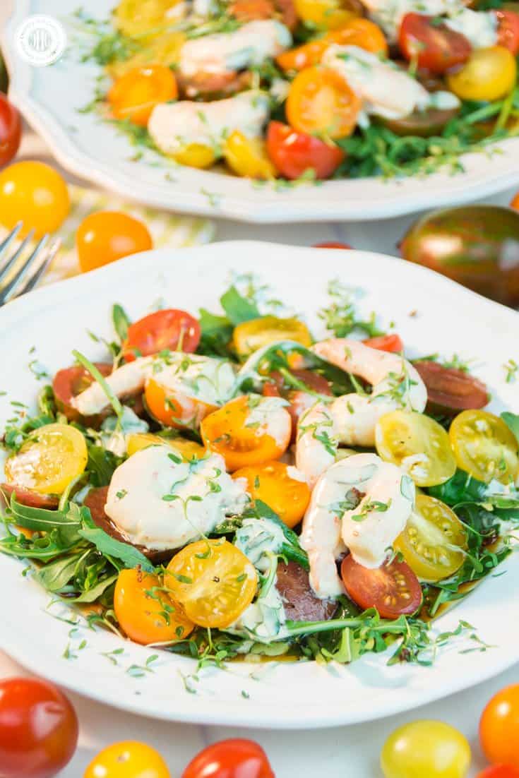 Make the most of vibrant summer produce with this flavour-packed tomato arugula salad with shrimp! Serve the salad as a side for BBQ, a starter as part of dinner or as a light meal. #tomatoes #arugula #salad| countryhillcottage.com Make the most of vibrant summer produce with this flavour-packed tomato arugula salad with shrimp! Serve the salad as a side for BBQ, a starter as part of dinner or as a light meal. #tomatoes #arugula #salad| countryhillcottage.com
