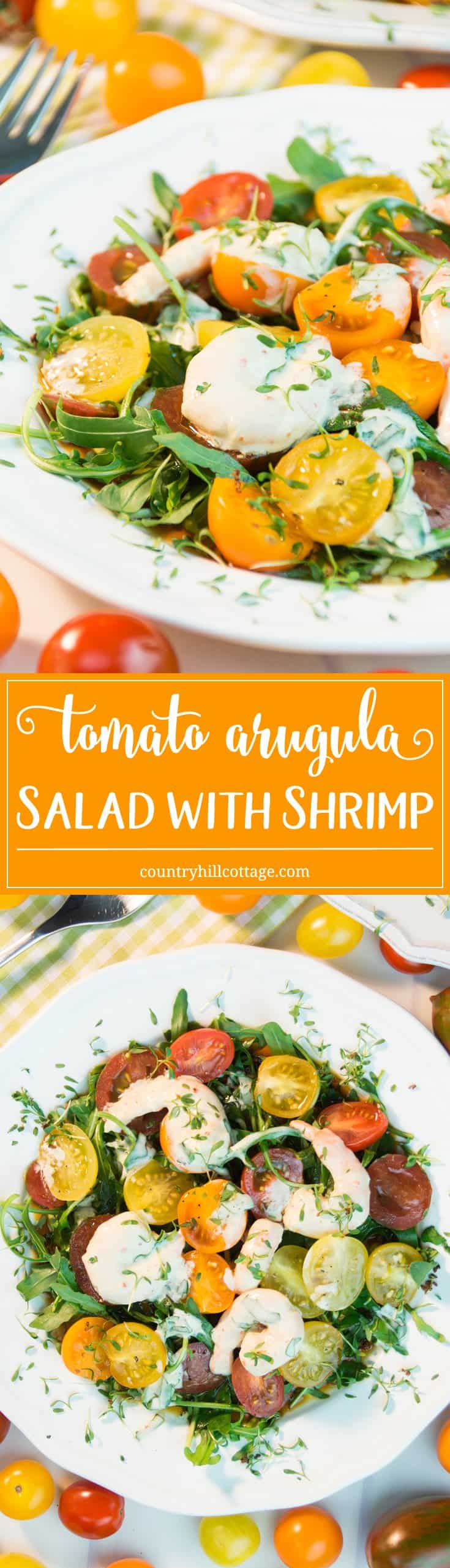 Make the most of vibrant summer produce with this flavour-packed tomato arugula salad with shrimp! Serve the salad as a side for BBQ, a starter as part of dinner or as a light meal. #tomatoes #arugula #salad| countryhillcottage.com Make the most of vibrant summer produce with this flavour-packed tomato arugula salad with shrimp! Serve the salad as a side for BBQ, a starter as part of dinner or as a light meal. #tomatoes #arugula #salad| countryhillcottage.com