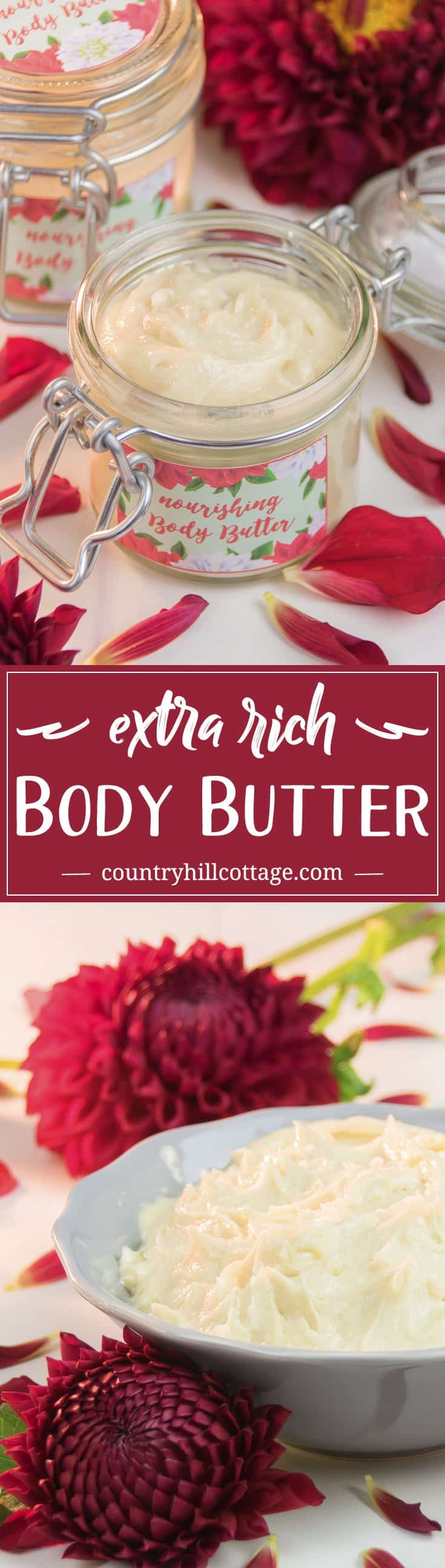 Our extra rich body butter is perfect to remedy dry skin in autumn and winter. The base for this beauty DIY is made with cacao butter and shea butter that help to keep the skin moisturised and protect from drying out. Apricot kernel oil and jojoba oil further boost the nourishing effect. #skincare #bodybutter #beautydiy | countryhillcottage.com Our extra rich body butter is perfect to remedy dry skin in autumn and winter. The base for this beauty DIY is made with cacao butter and shea butter that help to keep the skin moisturised and protect from drying out. Apricot kernel oil and jojoba oil further boost the nourishing effect. #skincare #bodybutter #beautydiy | countryhillcottage.com