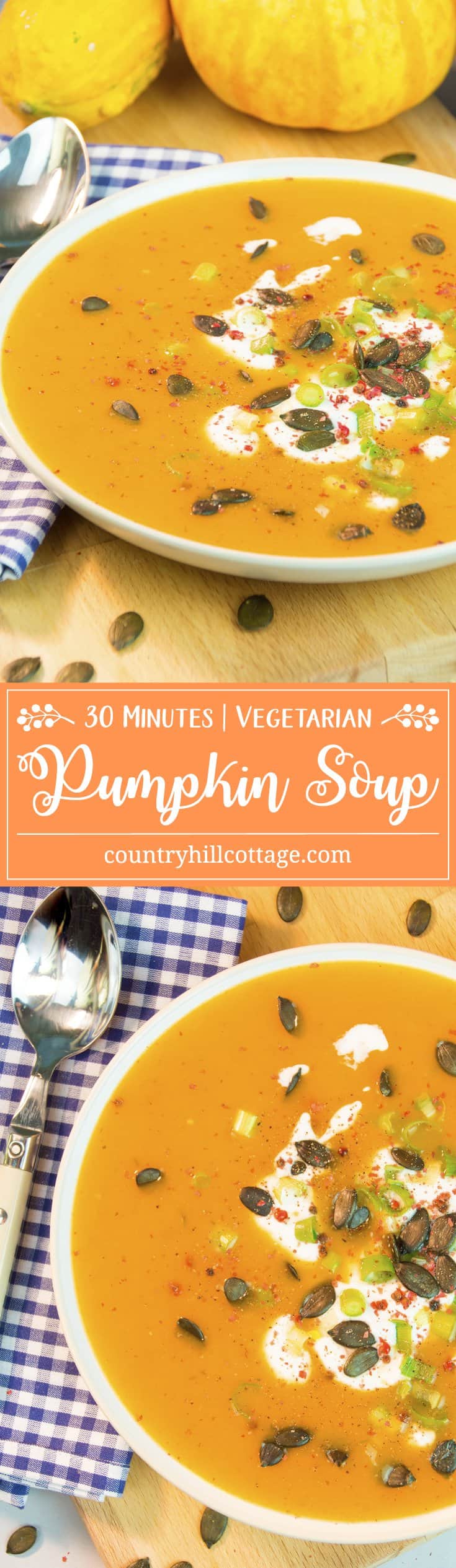 Our vibrant vegetarian pumpkin soup has a wonderful sweet-savoury flavour and is ready in 30 minutes, perfect for a busy weeknight. We cooked the soup with sugar pumpkin for a perfect creamy texture. Butternut squash or kent pumpkin are tasty alternatives. #pumpkin #pumpkinsoup #soup | countryhillcottage.com Our vibrant vegetarian pumpkin soup has a wonderful sweet-savoury flavour and is ready in 30 minutes, perfect for a busy weeknight. We cooked the soup with sugar pumpkin for a perfect creamy texture. Butternut squash or kent pumpkin are tasty alternatives. #pumpkin #pumpkinsoup #soup | countryhillcottage.com