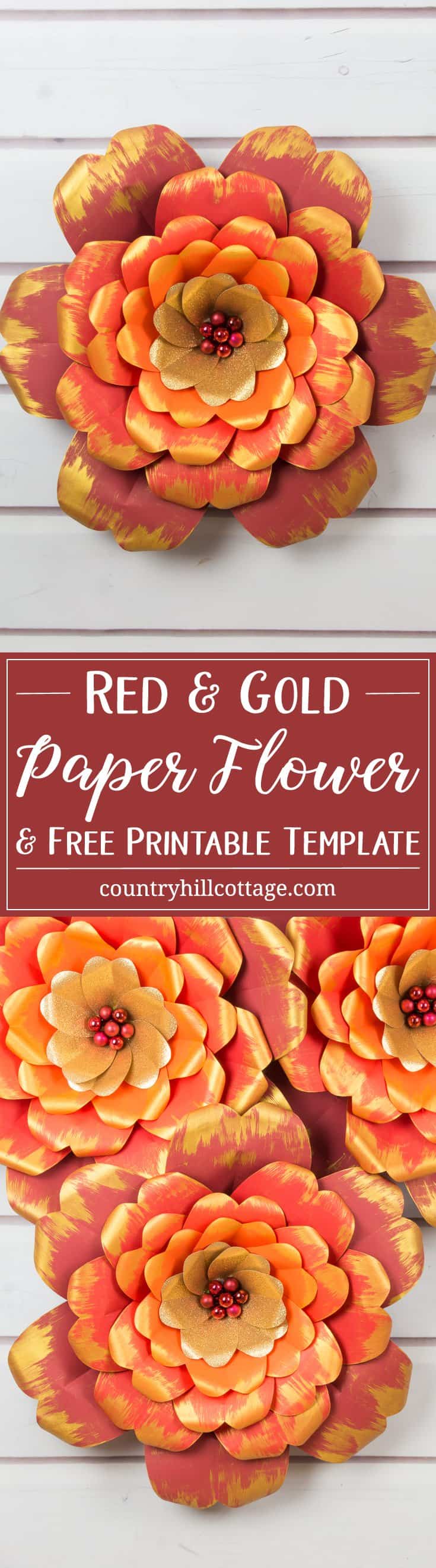Learn how to make giant red and gold paper flowers! We worked with vibrant shades of cardstock for the petals, ranging from dark red to deep orange, as well as gold glitter paper, and embellished the edges of the petals with gold accents. We used mini bauble ornaments to create the flower centre and to give the flower an elegant finish. You can download the free printable templates we used to make the flowers at our blog. #paperflowers #template #papercrafts | countryhillcottage.com Learn how to make giant red and gold paper flowers! We worked with vibrant shades of cardstock for the petals, ranging from dark red to deep orange, as well as gold glitter paper, and embellished the edges of the petals with gold accents. We used mini bauble ornaments to create the flower centre and to give the flower an elegant finish. You can download the free printable templates we used to make the flowers at our blog. #paperflowers #template #papercrafts | countryhillcottage.com