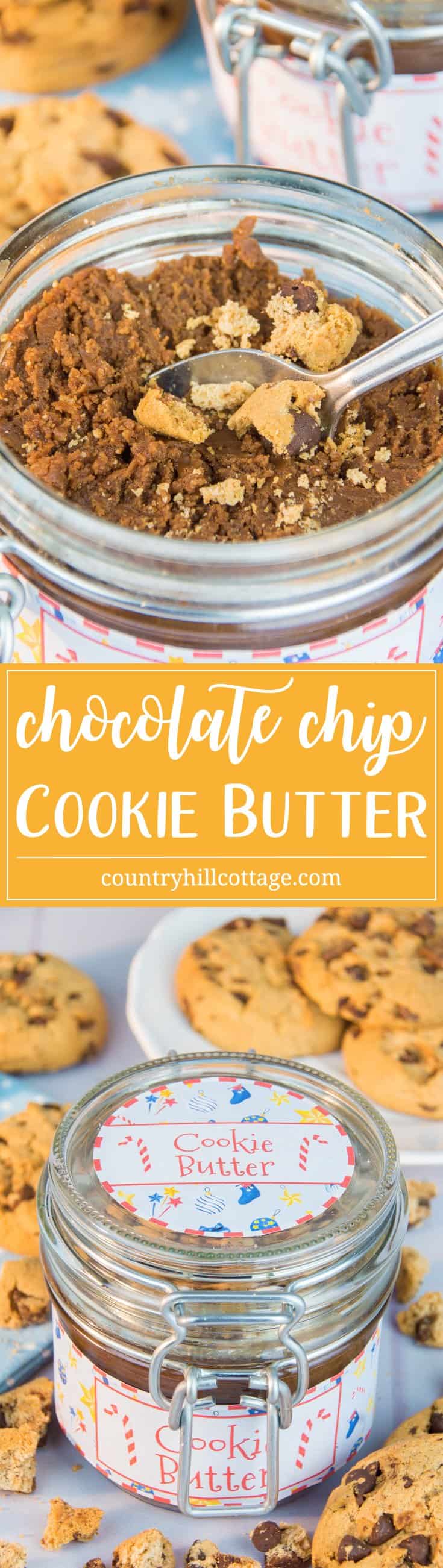 Homemade and yummy chocolate chip cookie butter with festive spices and free printable labels – 5 quick holiday gift giving ideas | countryhillcottage.com Homemade and yummy chocolate chip cookie butter with festive spices and free printable labels – 5 quick holiday gift giving ideas | countryhillcottage.com