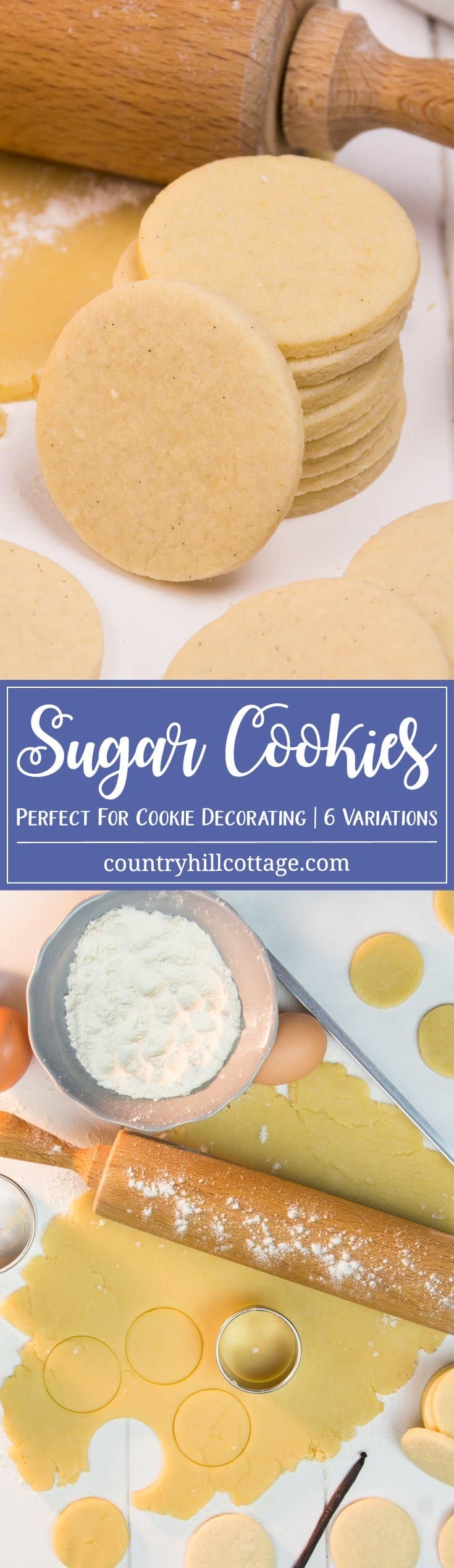 Soft, light and sweetly vanilla - this is our go-to recipe for sugar cookies. These cookies taste delicious on their own and are perfect for any cookie decorating project as they will keep their shape quite well. The dough is perfect for rolling out and cutting out cookies. We also share our favourite flavour variations for even more possibilities. #sugarcookies #cookierecipe #recipe | countryhillcottage.com Soft, light and sweetly vanilla - this is our go-to recipe for sugar cookies. These cookies taste delicious on their own and are perfect for any cookie decorating project as they will keep their shape quite well. The dough is perfect for rolling out and cutting out cookies. We also share our favourite flavour variations for even more possibilities. #sugarcookies #cookierecipe #recipe | countryhillcottage.com