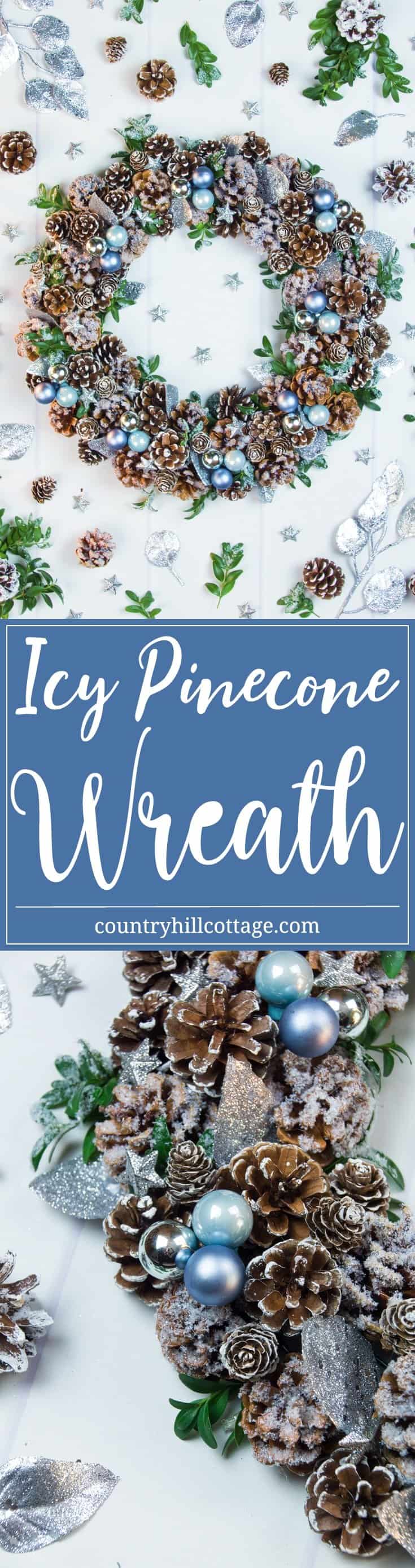 Nothing says “Happy Holidays” like a handcrafted wreath. We’ve created a gorgeous icy winter pinecone wreath that is as fun to create as they are to send! The wreath is made with frost-tipped pinecones, blue ornaments, iced boxwood, silver leaves and glittery stars. #Christmas #flowerarranging #wreath | countryhillcottage.com Nothing says “Happy Holidays” like a handcrafted wreath. We’ve created a gorgeous icy winter pinecone wreath that is as fun to create as they are to send! The wreath is made with frost-tipped pinecones, blue ornaments, iced boxwood, silver leaves and glittery stars. #Christmas #flowerarranging #wreath | countryhillcottage.com