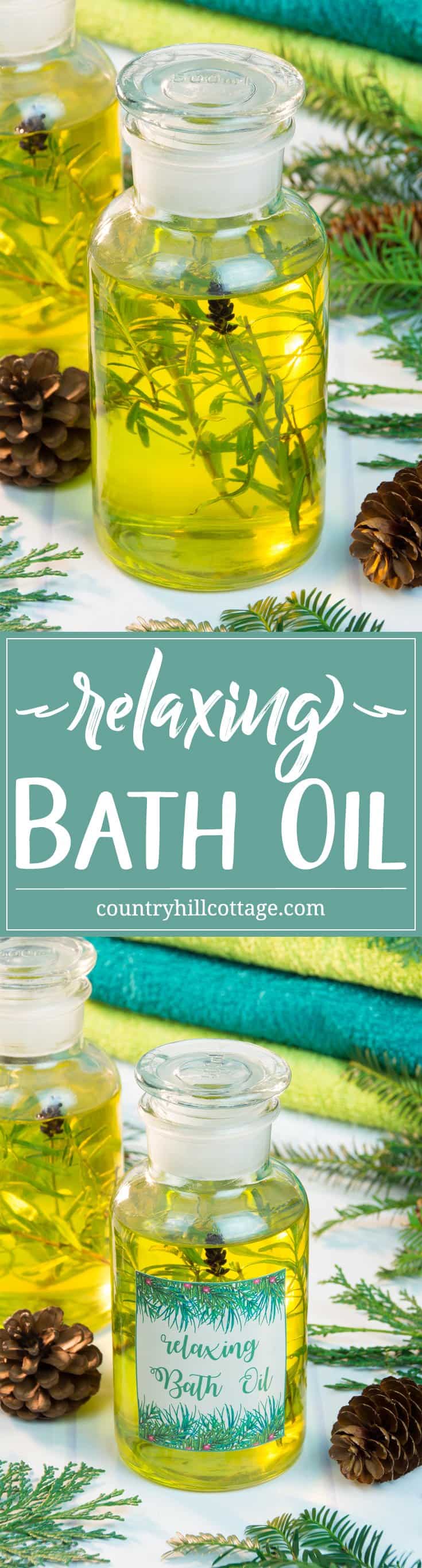 Soothe away the cares of the day with a relaxing bath oil that evokes the feeling of a refreshing walk through the forest. In honour of winter, we used pine, cedarwood and spruce essential oils, which give this bath oil a warm and woody aroma. We chose lavender essential oil to round out the scent because of its calming qualities. #skincare #bathoil #essentialoils #beautydiy | countryhillcottage.com Soothe away the cares of the day with a relaxing bath oil that evokes the feeling of a refreshing walk through the forest. In honour of winter, we used pine, cedarwood and spruce essential oils, which give this bath oil a warm and woody aroma. We chose lavender essential oil to round out the scent because of its calming qualities. #skincare #bathoil #essentialoils #beautydiy | countryhillcottage.com
