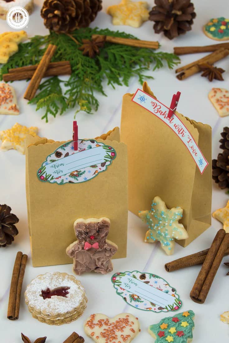 Brown craft paper bags are another stylish choice to gift edibles and emphasis the homemade look. There are no limits when it comes to decorating: use stamps and decorative tapes to adorn the bags. Customise the edges with craft punches, pinking shears, or decorative scissors. Close the bags with twine or mini cloth pins and gift tags. Get this and 10 more cookie packaging ideas! #Christmas #foodgifts #cookiepackaging #freebie | countryhillcottage.com