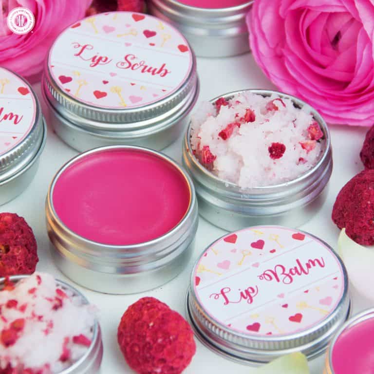 Give extra love to your lips with our lip scub and lip balm DIY lip duo! The lip scrub is made with coconut oil, granulated sugar, and bits of freeze-dried raspberries. It’s perfect to gently exfoliate skin and to transform and regenerate dry, chapped lips. The lip balm is made with hydrating shea butter and coconut oil to give lips a smooth and soft finish. Decorated with free printable labels, the lip duo makes a romantic present for Valentine’s Day, a cute favour for bridesmaids, or a lovely DIY gift for someone in need of pampering. #skincare #lipscrub #lipbalm #beautydiy | countryhillcottage.com