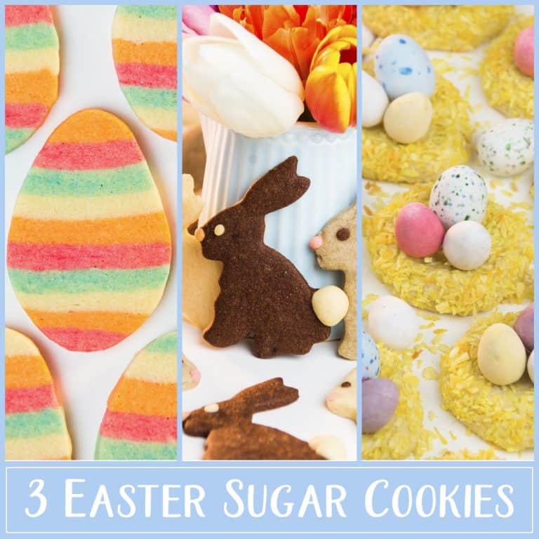 Learn to turn classic sugar cookie dough into 3 Easter cookies! We started with simple and pretty bunny biscuits, and then show how to bake cute nest cookies and elaborate stripped egg cookies. The cookies are a lovely treat for Easter brunch, and you can pack them up as gifts. #Easter #spring #biscuits #cookies #bunnybiscuits #Easternest #Eastercookies #recipe #foodgift #giftgiving | countryhillcottage.com