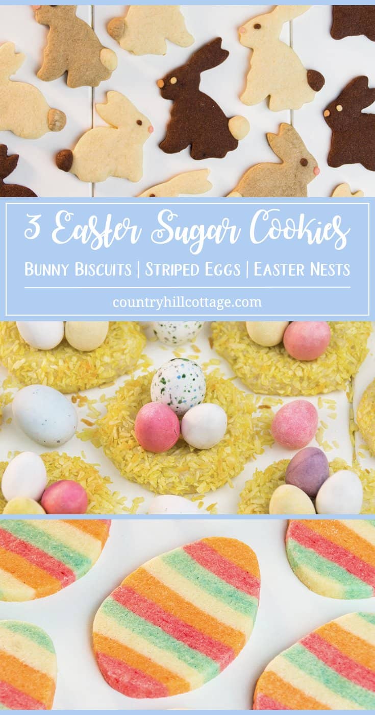 Learn to turn classic sugar cookie dough into 3 Easter cookies! We started with simple and pretty bunny biscuits, and then show how to bake cute nest cookies and elaborate striped egg cookies. The cookies are a lovely treat for Easter brunch, and you can pack them up as gifts. #Easter #spring #biscuits #cookies #bunnybiscuits #Easternest #Eastercookies #recipe #foodgift #giftgiving | countryhillcottage.com