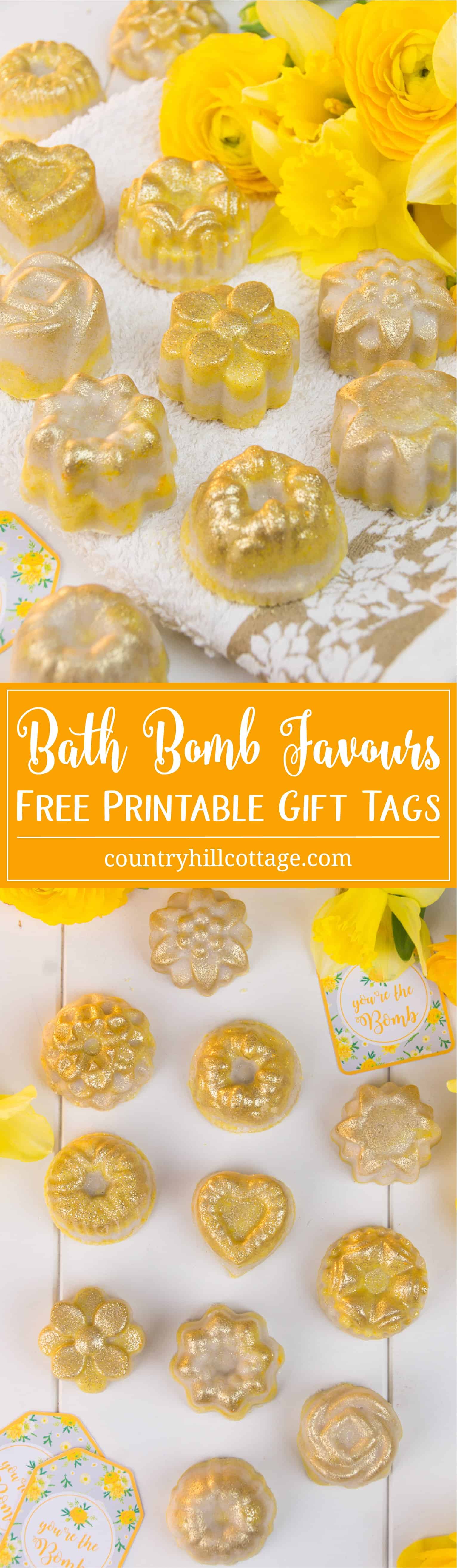 Say thank you to guests of your wedding or party with beautiful and fragrant little bath bomb favours! These fizzy little darlings are made with coconut oil and apricot kernel oil, which both have excellent skin nourishing qualities. The recipe can easily be customised with different colours and scents. We also sprinkled the mould with gold glitter to make the bath bombs extra sparkly and festive. Use our free printable gift tags to make package these favours and gift them at your event. #skincare #bathbomb #favorideas #printables #diygift | countryhillcottage.com Say thank you to guests of your wedding or party with beautiful and fragrant little bath bomb favours! These fizzy little darlings are made with coconut oil and apricot kernel oil, which both have excellent skin nourishing qualities. The recipe can easily be customised with different colours and scents. We also sprinkled the mould with gold glitter to make the bath bombs extra sparkly and festive. Use our free printable gift tags to make package these favours and gift them at your event. #skincare #bathbomb #favorideas #printables #diygift | countryhillcottage.com
