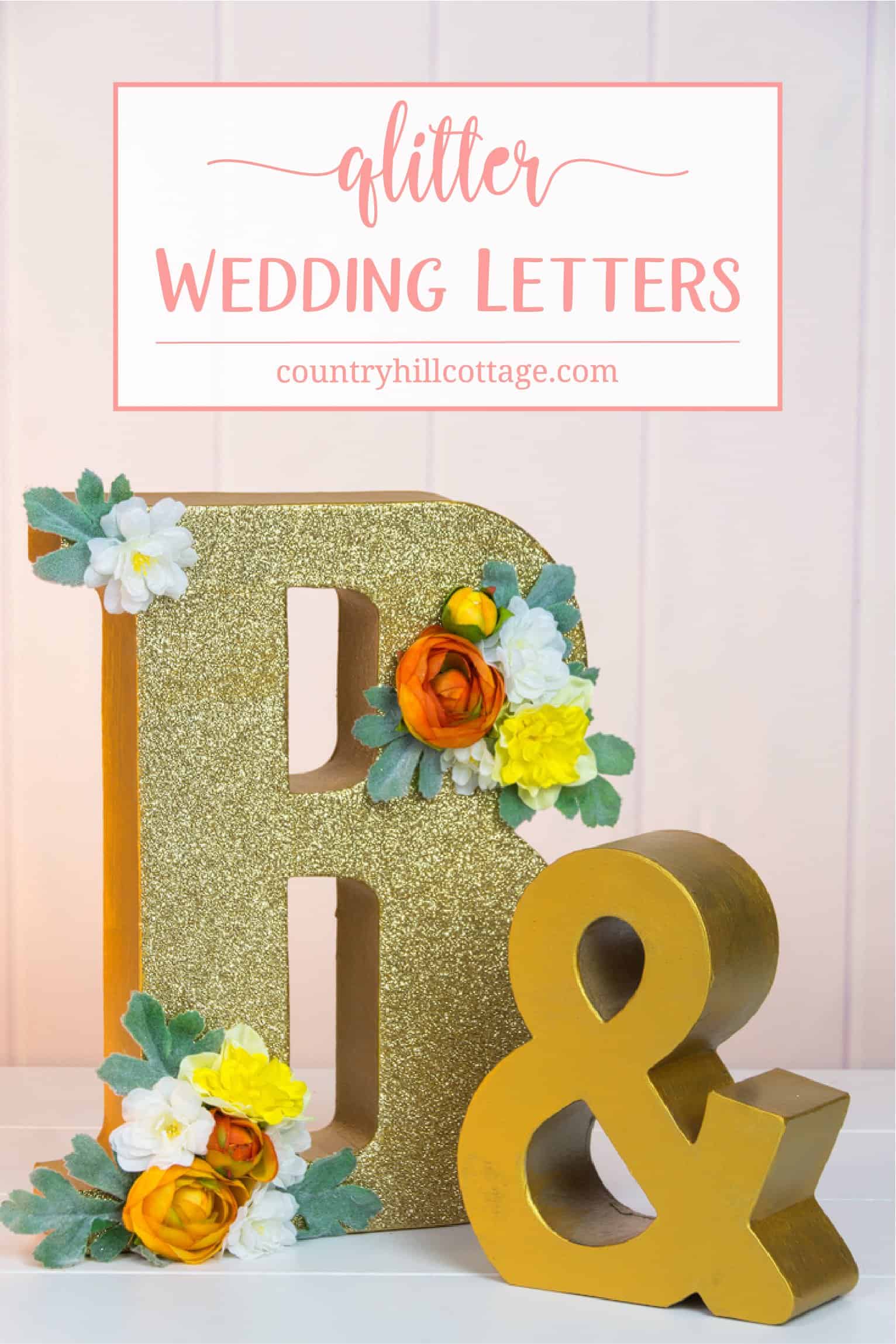 Learn how to make glitter wedding letters! We use large paper mache letters and show different techniques to paint the letters, apply glitter and decorate them with silk flowers. Monogram letters make fabulous wedding décor to display the initials of the bride and groom. You can use them as table decoration or hang them as a wall ornament. #diy #wedding #decor #glitter #monogram | countryhillcottage.com Learn how to make glitter wedding letters! We use large paper mache letters and show different techniques to paint the letters, apply glitter and decorate them with silk flowers. Monogram letters make fabulous wedding décor to display the initials of the bride and groom. You can use them as table decoration or hang them as a wall ornament. #diy #wedding #decor #glitter #monogram | countryhillcottage.com