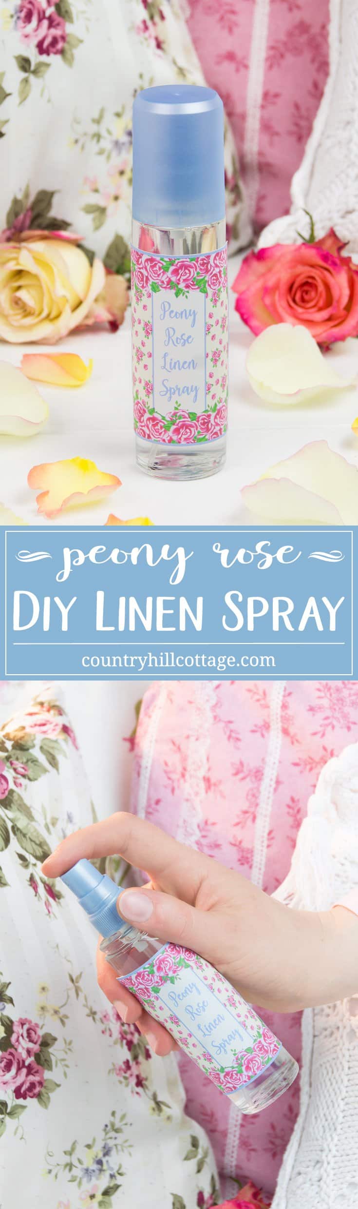 Looking for a quick way to freshen up the house? Then whip up our peony rose linen spray with essential oils! This DIY linen spray is made only with natural ingredients. It’s child-friendly and pet-safe. Mist pillows, blankets, shower curtains, sofas. Spray it on linens before ironing or the little one’s stuffed animals. Use our free printable label decorate the linen spray. #linenspray #pillowmist #peony #rose #diy #printables #diygift | countryhillcottage.com Looking for a quick way to freshen up the house? Then whip up our peony rose linen spray with essential oils! This DIY linen spray is made only with natural ingredients. It’s child-friendly and pet-safe. Mist pillows, blankets, shower curtains, sofas. Spray it on linens before ironing or the little one’s stuffed animals. Use our free printable label decorate the linen spray. #linenspray #pillowmist #peony #rose #diy #printables #diygift | countryhillcottage.com
