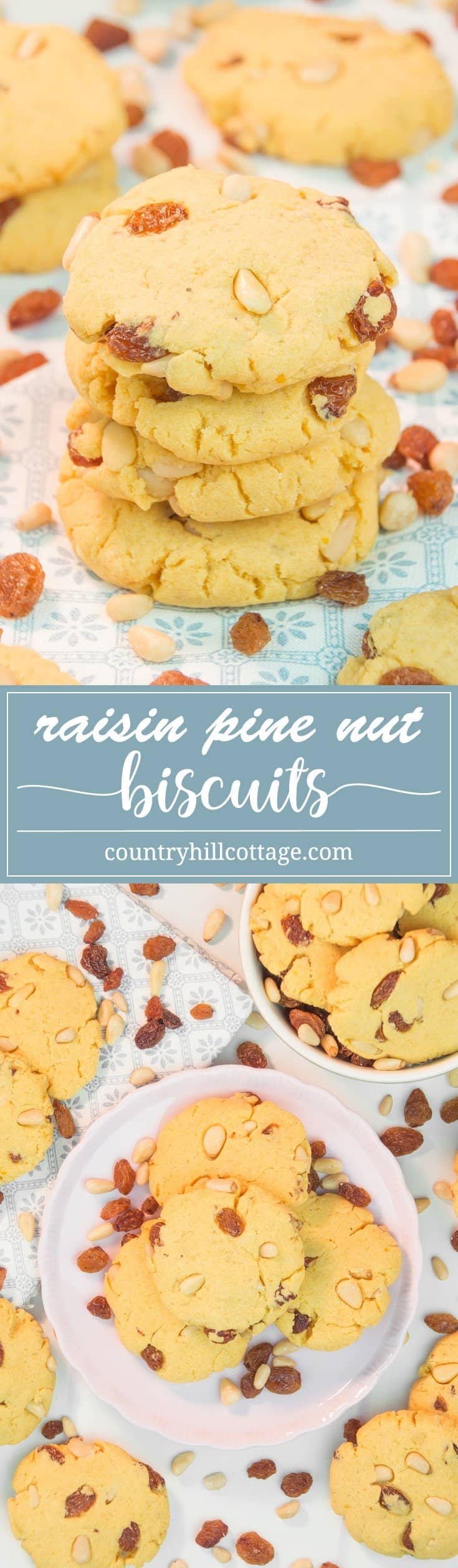 Raisin pine nut biscuits are the perfect accompaniment for tea or after-dinner treat with a glass of dessert wine. These two-bite cookies are made with a flavourful combination of maize flour, raisins, pine nuts, and hints of lemon and vanilla. #cookie #biscuit #cornflour #bakingrecipe #foodgift | countryhillcottage.com Raisin pine nut biscuits are the perfect accompaniment for tea or after-dinner treat with a glass of dessert wine. These two-bite cookies are made with a flavourful combination of maize flour, raisins, pine nuts, and hints of lemon and vanilla. #cookie #biscuit #cornflour #bakingrecipe #foodgift | countryhillcottage.com