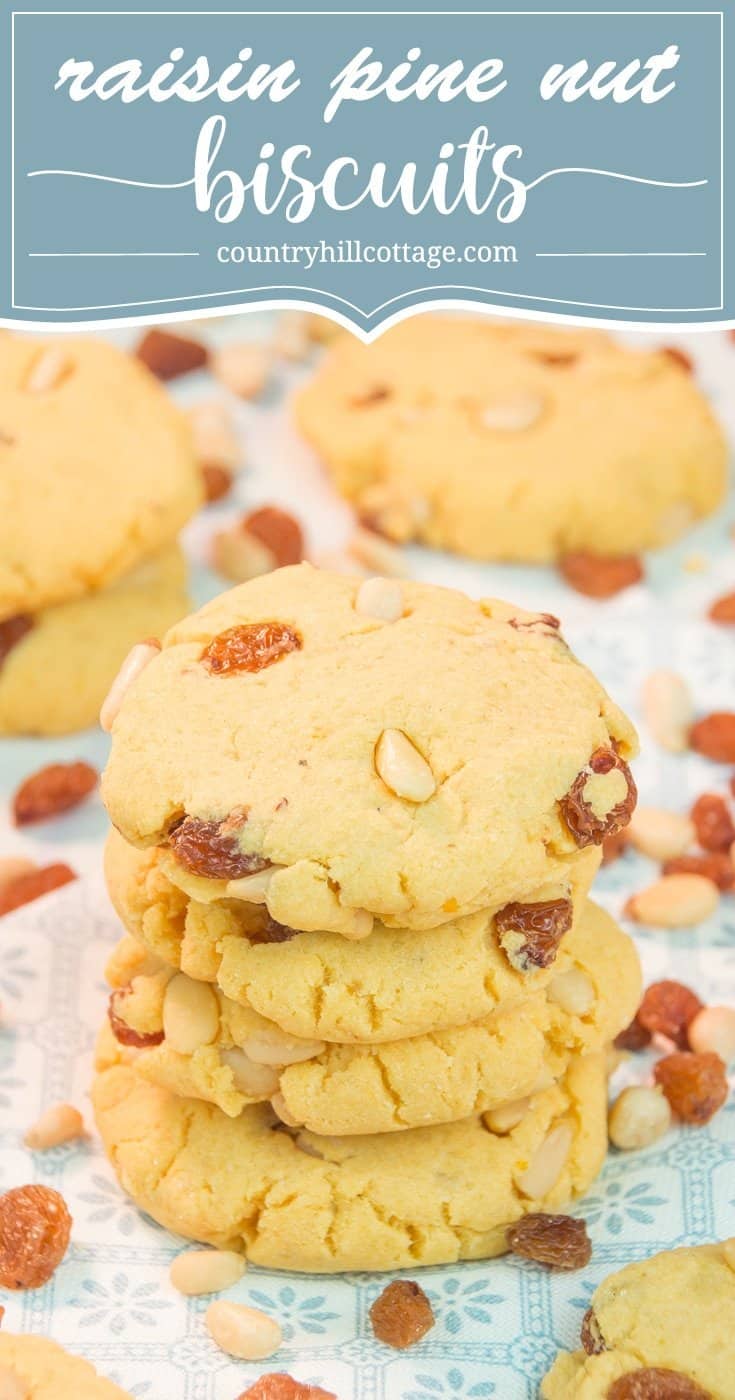 Raisin pine nut biscuits are the perfect accompaniment for tea or after-dinner treat with a glass of dessert wine. These two-bite cookies are made with a flavourful combination of maize flour, raisins, pine nuts, and hints of lemon and vanilla. #cookie #biscuit #cornflour #bakingrecipe #foodgift | countryhillcottage.com Raisin pine nut biscuits are the perfect accompaniment for tea or after-dinner treat with a glass of dessert wine. These two-bite cookies are made with a flavourful combination of maize flour, raisins, pine nuts, and hints of lemon and vanilla. #cookie #biscuit #cornflour #bakingrecipe #foodgift | countryhillcottage.com