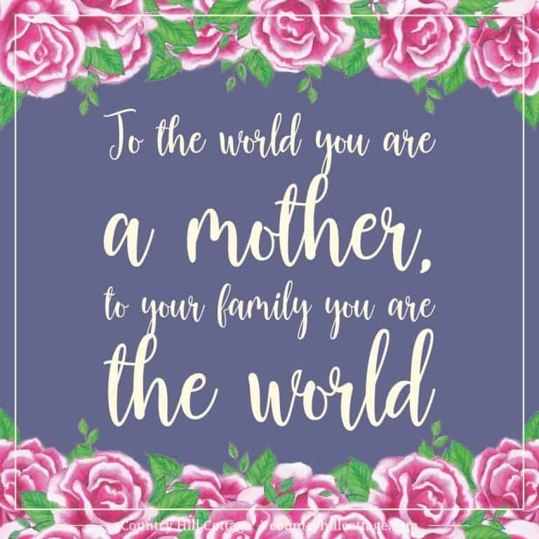 Inspirational Quote of Day: To the world you are a mother, to your family you are the world. ~ #mothersday #quote #wisdom #inspirationalquote #freebie #printable | countryhillcottage.com