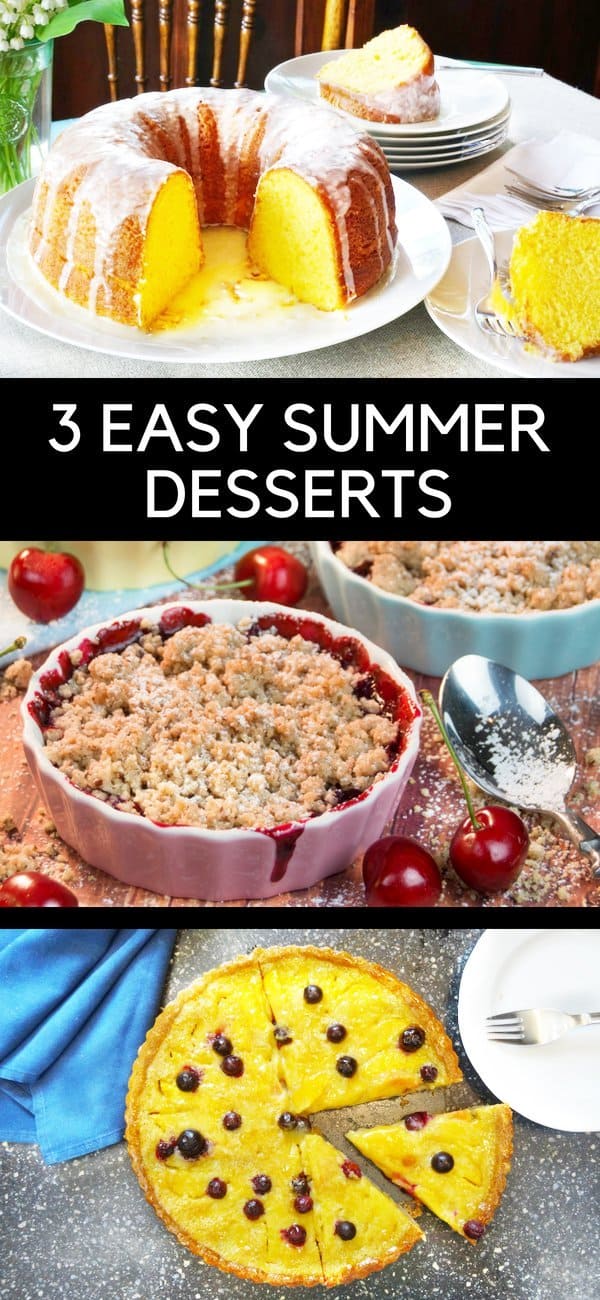 Get ideas for 3 delicious summer dessert ideas, including the original Harvey Wallbanger Cake, a scrumptious Cherry Crumble, and an amazing Peach Custard Tart with Blueberries! #summer #dessert #cake #crumble #tart | countryhillcottage.com