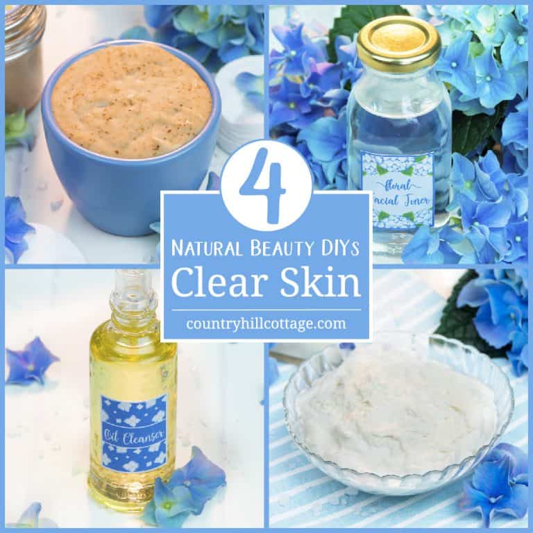 Tired of oily skin, clogged pores, and painful breakouts? Then try these 4 beauty DIYs for clear skin! Preparing your own beauty recipes isn’t difficult and can save you a lot of money. You also have full control over the quality of the materials that your skin absorbs. Included are a deep cleansing mud, an oil cleanser, a floral facial toner, and moisturising balm. Each recipe comes with printable instructions and label. #skincare #beautyrecipe #diybeauty #clearskin | countryhillcottage.com