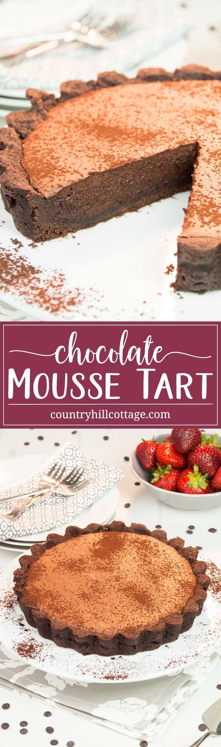 This delicious chocolate mousse tart will satisfy any and every chocolate craving! The chocolate mousse filling is easy enough to whip up and tastes very velvety and rich. The chocolate crust has a deep chocolate aroma and tender texture. The chocolate mousse tart is a wonderful way to finish an elegant dinner. You can serve the tart with whipped cream, a scoop of vanilla ice cream, and fruits. #chocolate #chocolatemousse #tart #pie #dessert #recipe | countryhillcottage.com This delicious chocolate mousse tart will satisfy any and every chocolate craving! The chocolate mousse filling is easy enough to whip up and tastes very velvety and rich. The chocolate crust has a deep chocolate aroma and tender texture. The chocolate mousse tart is a wonderful way to finish an elegant dinner. You can serve the tart with whipped cream, a scoop of vanilla ice cream, and fruits. #chocolate #chocolatemousse #tart #pie #dessert #recipe | countryhillcottage.com