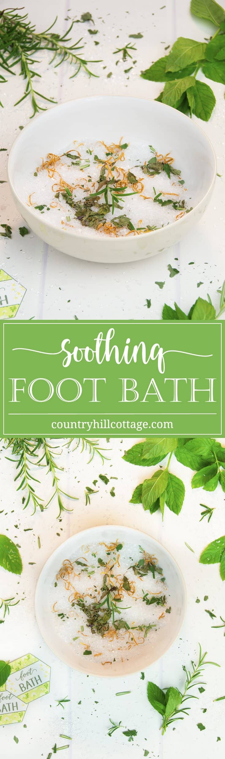 A homemade foot bath is a wonderful DIY spa experience! You can set up a foot bath in preparation for a mani-pedi, to soothe swollen feet on a hot summer day, or to soften foot calluses and corns. The base is made with Epsom salt, a magnesium sulfate compound known to reduce inflammation, relieve pain and eliminate odour. Tea tree oil helps to soften calluses, while peppermint oil and rosemary soothe cracked, dry skin. #footbath #epsomsalt #essentialoils #beautyrecipe | countryhillcottage.com A homemade foot bath is a wonderful DIY spa experience! You can set up a foot bath in preparation for a mani-pedi, to soothe swollen feet on a hot summer day, or to soften foot calluses and corns. The base is made with Epsom salt, a magnesium sulfate compound known to reduce inflammation, relieve pain and eliminate odour. Tea tree oil helps to soften calluses, while peppermint oil and rosemary soothe cracked, dry skin. #footbath #epsomsalt #essentialoils #beautyrecipe | countryhillcottage.com