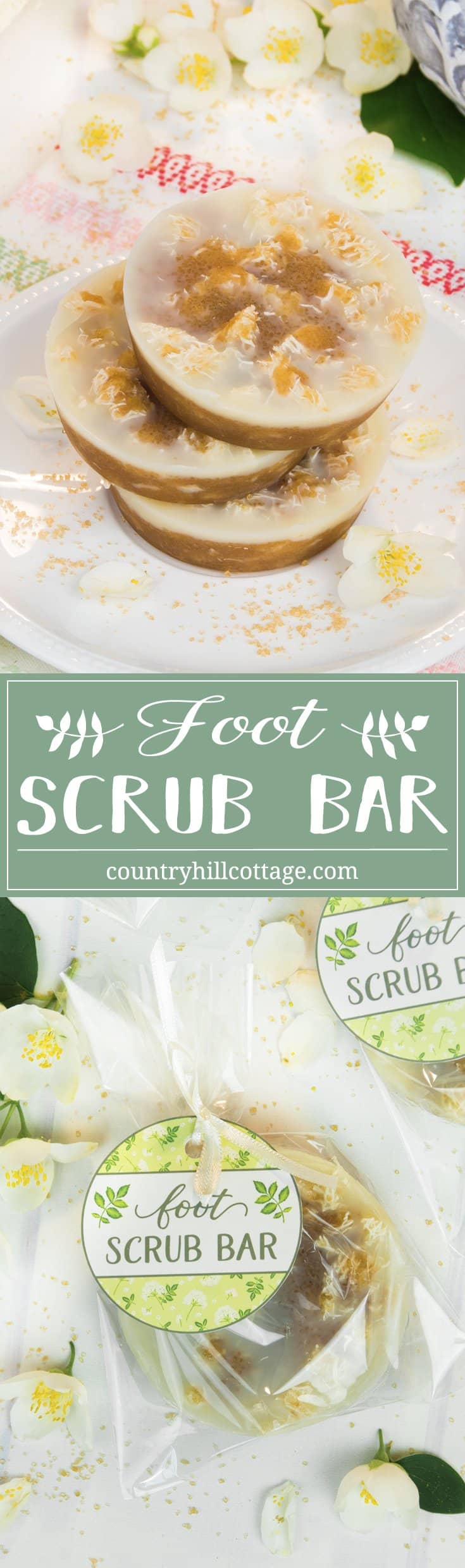 Say bye to rough, cracked feet with an all-natural foot scrub bar! This foot peeling is a real two-in-one treatment to care for dry, callous skin. The solid components of the bar exfoliate the feet and remove dead skins cells, while the oils and butter hydrate and replenish the natural lipids of your skin. This peeling bar is made with loofah sponge, cane sugar, cocoa butter, and bee or candelilla wax. #footpeeling #footscrub #scrubbar #essentialoils #beautyrecipe | countryhillcottage.com Say bye to rough, cracked feet with an all-natural foot scrub bar! This foot peeling is a real two-in-one treatment to care for dry, callous skin. The solid components of the bar exfoliate the feet and remove dead skins cells, while the oils and butter hydrate and replenish the natural lipids of your skin. This peeling bar is made with loofah sponge, cane sugar, cocoa butter, and bee or candelilla wax. #footpeeling #footscrub #scrubbar #essentialoils #beautyrecipe | countryhillcottage.com
