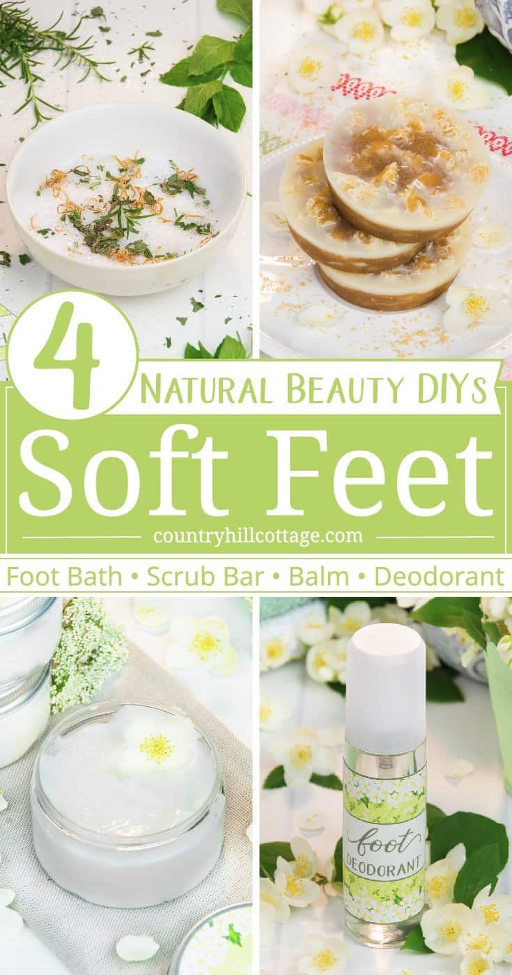 Tired dry feet, callouses, and cracked, rough heels? Then try these 4 DIY foot care recipes for healthy and soft feet! Each of these homemade foot care treatments is made with natural ingredients and essential oils. Included are a foot bath recipe, foot scrub bar, moisturising foot balm and a DIY foot deodorant. The recipes come with printable instructions and labels. #footcare #beautyrecipe #diybeauty #feet | countryhillcottage.com Tired dry feet, callouses, and cracked, rough heels? Then try these 4 DIY foot care recipes for healthy and soft feet! Each of these homemade foot care treatments is made with natural ingredients and essential oils. Included are a foot bath recipe, foot scrub bar, moisturising foot balm and a DIY foot deodorant. The recipes come with printable instructions and labels. #footcare #beautyrecipe #diybeauty #feet | countryhillcottage.com