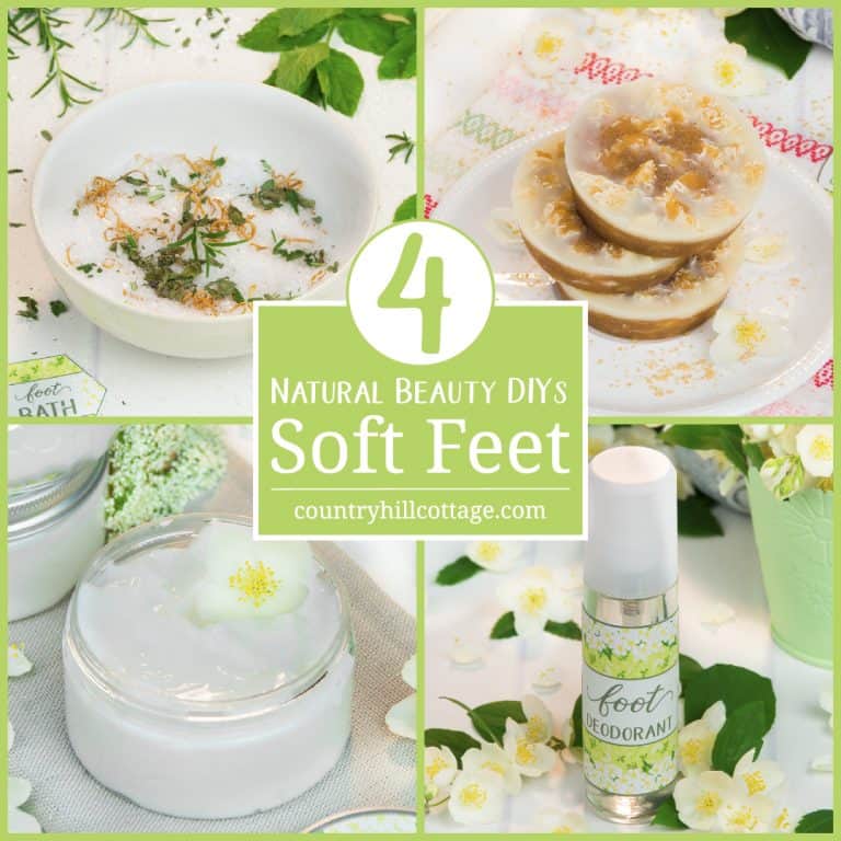 Tired dry feet, callouses, and cracked, rough heels? Then try these 4 DIY foot care recipes for healthy and soft feet! Each of these homemade foot care treatments is made with natural ingredients and essential oils. Included are a foot bath recipe, foot scrub bar, moisturising foot balm and a DIY foot deodorant. The recipes come with printable instructions and labels. #footcare #beautyrecipe #diybeauty #feet | countryhillcottage.com