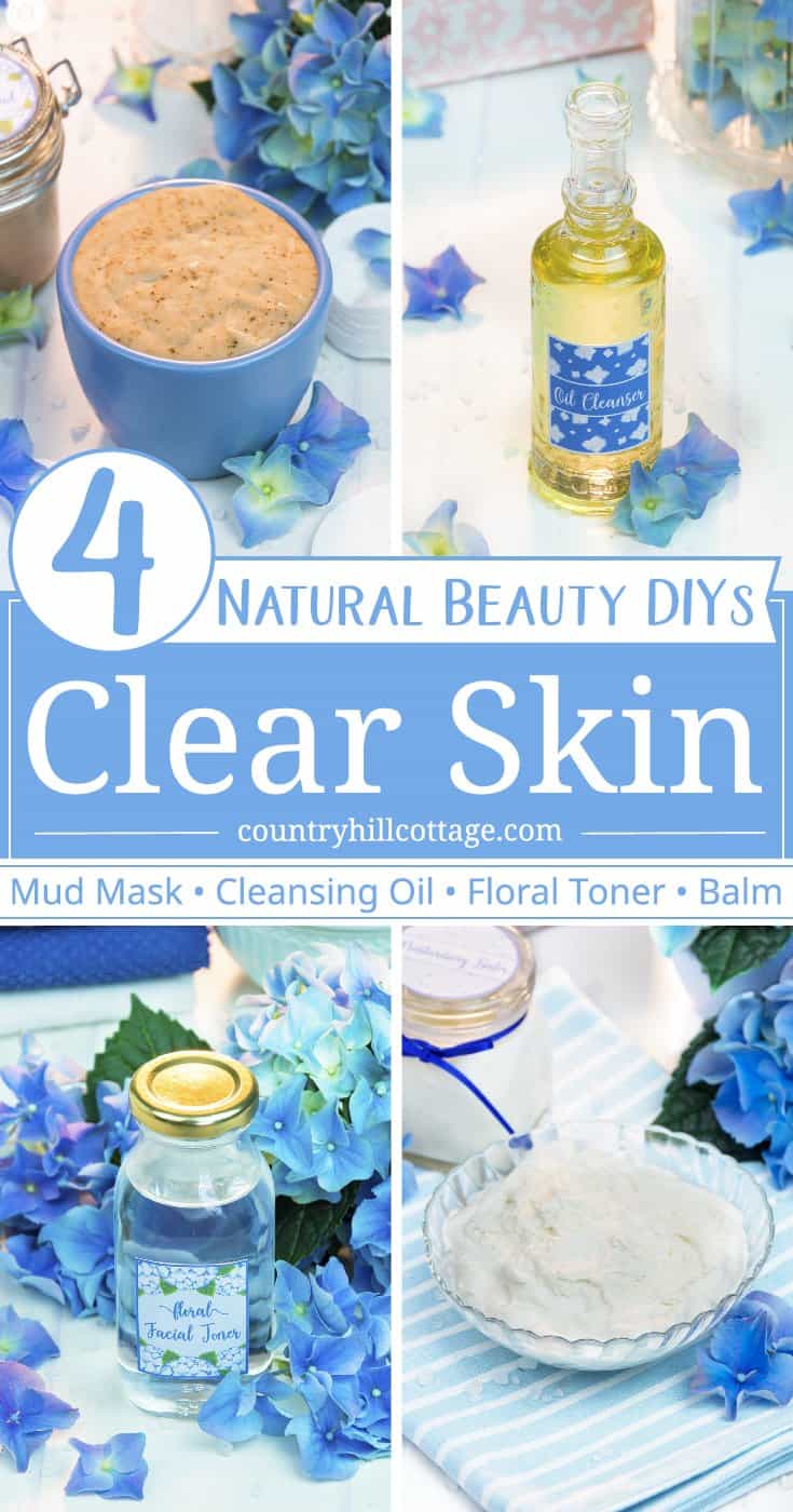 Tired of oily skin, clogged pores, and painful breakouts? Then try these 4 beauty DIYs for clear skin! Preparing your own beauty recipes isn’t difficult and can save you a lot of money. You also have full control over the quality of the materials that your skin absorbs. Included are a deep cleansing mud, an oil cleanser, a floral facial toner, and moisturising balm. Each recipe comes with printable instructions and label. #skincare #beautyrecipe #diybeauty #clearskin | countryhillcottage.com Tired of oily skin, clogged pores, and painful breakouts? Then try these 4 beauty DIYs for clear skin! Preparing your own beauty recipes isn’t difficult and can save you a lot of money. You also have full control over the quality of the materials that your skin absorbs. Included are a deep cleansing mud, an oil cleanser, a floral facial toner, and moisturising balm. Each recipe comes with printable instructions and label. #skincare #beautyrecipe #diybeauty #clearskin | countryhillcottage.com