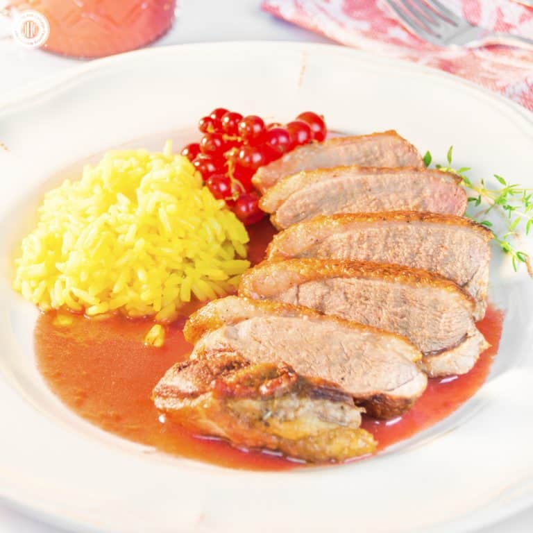 Honeyed, pan-seared duck breast with redcurrant sauce is a mouthwatering main course. Duck is a welcome alternative to chicken or turkey. The meat is a little darker than the later and has a richer flavour. The redcurrant sauce, which tastes sweet and a little tart, is cooked with fresh berries, thyme and cognac. This is a nice dish to serve at a fancy dinner party or holiday feast and doesn’t take much time to prepare. #duck #redcurrants #dinner #recipe | countryhillcottage.com