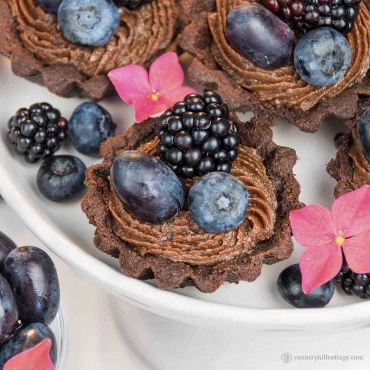 For a lovely afternoon tea indulgence bake delicious chocolate tartlets with berries! Crisp chocolate shells are laden with dark summer berries and filled with a delectable chocolate cream cheese filling with subtle berry notes. The dough is soft, crumbly and has an intense chocolate flavour. The soft filling is made with cream cheese, white and dark chocolate and blueberry jam to reflect the berry decoration. #tartlet #chocolate #tart #berries #bakingrecipe | countryhillcottage.com