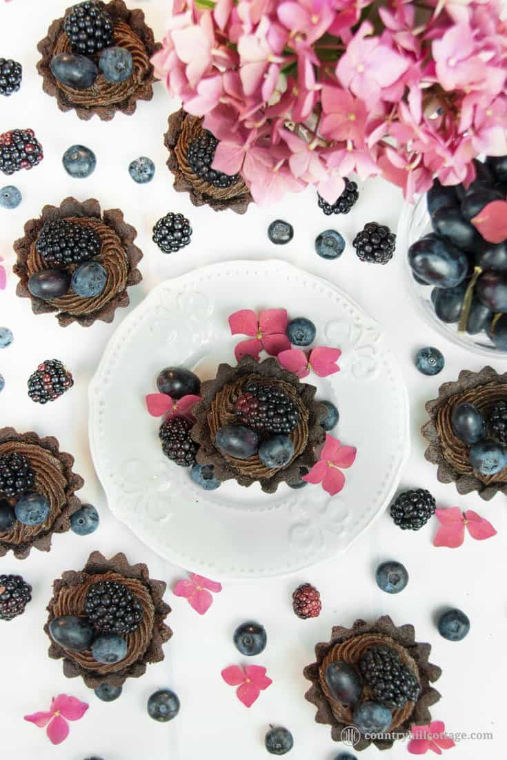 For a lovely afternoon tea indulgence bake delicious chocolate tartlets with berries! Crisp chocolate shells are laden with dark summer berries and filled with a delectable chocolate cream cheese filling with subtle berry notes. The dough is soft, crumbly and has an intense chocolate flavour. The soft filling is made with cream cheese, white and dark chocolate and blueberry jam to reflect the berry decoration. #tartlet #chocolate #tart #berries #bakingrecipe | countryhillcottage.com For a lovely afternoon tea indulgence bake delicious chocolate tartlets with berries! Crisp chocolate shells are laden with dark summer berries and filled with a delectable chocolate cream cheese filling with subtle berry notes. The dough is soft, crumbly and has an intense chocolate flavour. The soft filling is made with cream cheese, white and dark chocolate and blueberry jam to reflect the berry decoration. #tartlet #chocolate #tart #berries #bakingrecipe | countryhillcottage.com