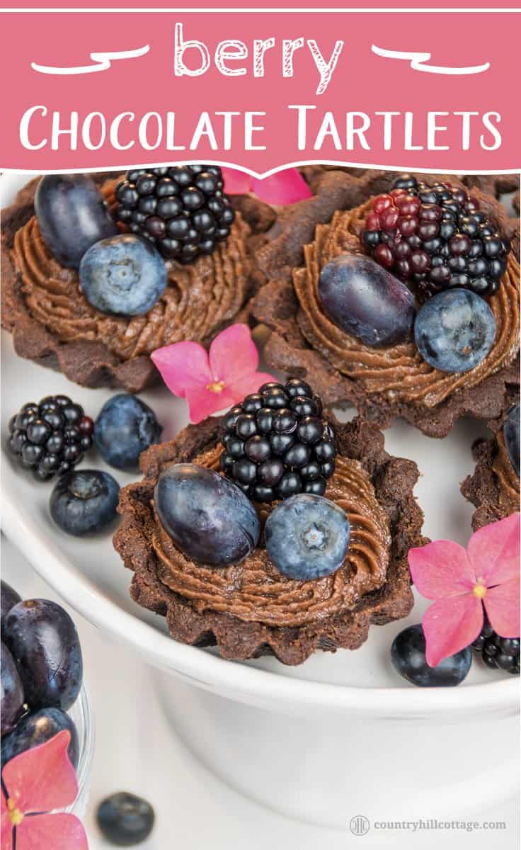 For a lovely afternoon tea indulgence bake delicious chocolate tartlets with berries! Crisp chocolate shells are laden with dark summer berries and filled with a delectable chocolate cream cheese filling with subtle berry notes. The dough is soft, crumbly and has an intense chocolate flavour. The soft filling is made with cream cheese, white and dark chocolate and blueberry jam to reflect the berry decoration. #tartlet #chocolate #tart #berries #bakingrecipe | countryhillcottage.com For a lovely afternoon tea indulgence bake delicious chocolate tartlets with berries! Crisp chocolate shells are laden with dark summer berries and filled with a delectable chocolate cream cheese filling with subtle berry notes. The dough is soft, crumbly and has an intense chocolate flavour. The soft filling is made with cream cheese, white and dark chocolate and blueberry jam to reflect the berry decoration. #tartlet #chocolate #tart #berries #bakingrecipe | countryhillcottage.com