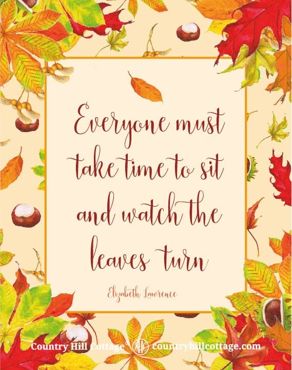 Download this “Everyone must take time to sit and watch the leaves turn.” printable quote by Elizabeth Lawrence and more free autumn printables. Included are a colourful wreath design, Welcome Autumn, Hello Fall and Leaves are falling prints, and another quote from Emily Brontë. Each printable in this collection of free fall printables has a size of 8 x 10 in and can be printed on A4 and letter paper. #printables #autumn #fall #wallart #homedecor #freeprintables | countryhillcottage.com