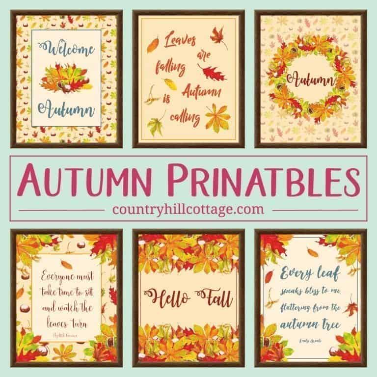 Download 6 free autumn printables and add autumnal style to your home. Included are a colourful wreath design, Welcome Autumn, Hello Fall and Leaves are falling prints, and two lovely quotes from English writer Emily Brontë and American landscape architect Elizabeth Lawrence. Each printable in this collection of free fall printables has a size of 8 x 10 in and can be printed on A4 and letter paper. #printables #autumn #fall #wallart #homedecor #freeprintables | countryhillcottage.com