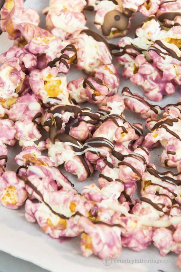 Lavender popcorn puts a floral spin on classic sweet popcorn. This sweet treat is made by coating fluffy popcorn in candy melts seasoned with lavender essential oil and a drizzle of dark and white chocolate. You can prepare the recipe with homemade or store-bought popcorn. Homemade lavender popcorn is a sweet little present for birthdays, holidays, teacher’s appreciation day, Mother’s Day or as a party favour. #popcorn #lavender #essentialoil #lavenderpopcorn #foodgifts | countryhillcottage.com