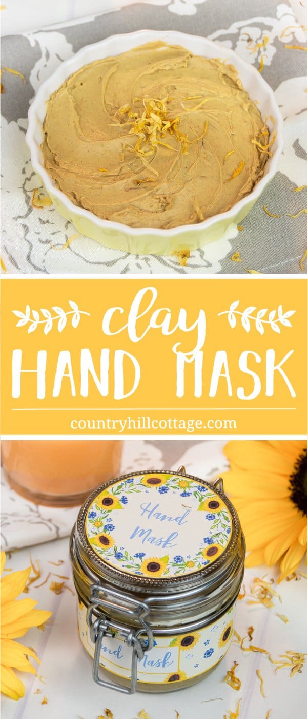 Care for your hands with a nourishing DIY hand mask! Our homemade clay mask clarifies and moisturises dry, sensitive skin. You only need 3 ingredients: French yellow clay, avocado and calendula oil, and optionally essential oils. This oil-based clay mask doesn’t dry out the hands but moisturises and heals while cleaning the skin. The beauty DIY includes the printable recipe and printable labels for storing and gifting. #claymask #handmask #essentialoils #skincare | countryhillcottage.com Care for your hands with a nourishing DIY hand mask! Our homemade clay mask clarifies and moisturises dry, sensitive skin. You only need 3 ingredients: French yellow clay, avocado and calendula oil, and optionally essential oils. This oil-based clay mask doesn’t dry out the hands but moisturises and heals while cleaning the skin. The beauty DIY includes the printable recipe and printable labels for storing and gifting. #claymask #handmask #essentialoils #skincare | countryhillcottage.com