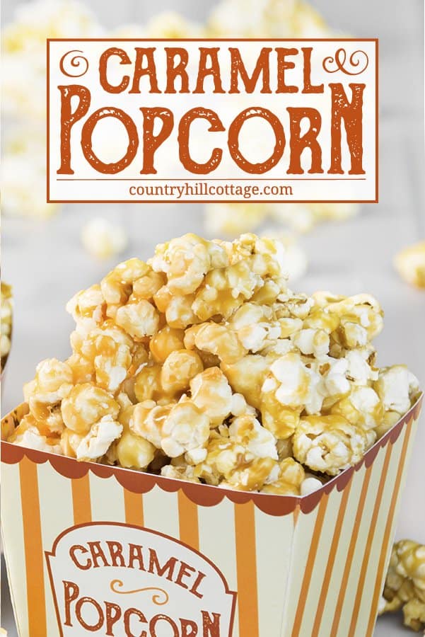 Homemade caramel popcorn is sweet, crunchy and hard to stop eating! This yummy snack is easy to whip up: pop the kernels or use premade popcorn. Then cook a thick caramel sauce with brown sugar and butter and toss the popcorn in the sauce. The recipe includes a printable retro popcorn box for gift giving or to serve at your next movie. Check out the recipe and learn how to make caramel popcorn from scratch. #caramelpopcorn #caramel #popcorn #foodgifts | countryhillcottage.com Homemade caramel popcorn is sweet, crunchy and hard to stop eating! This yummy snack is easy to whip up: pop the kernels or use premade popcorn. Then cook a thick caramel sauce with brown sugar and butter and toss the popcorn in the sauce. The recipe includes a printable retro popcorn box for gift giving or to serve at your next movie. Check out the recipe and learn how to make caramel popcorn from scratch. #caramelpopcorn #caramel #popcorn #foodgifts | countryhillcottage.com