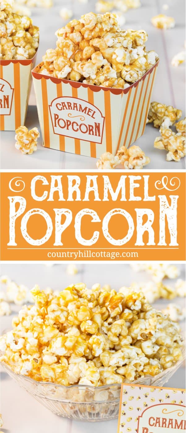 Homemade caramel popcorn is sweet, crunchy and hard to stop eating! This yummy snack is easy to whip up: pop the kernels or use premade popcorn. Then cook a thick caramel sauce with brown sugar and butter and toss the popcorn in the sauce. The recipe includes a printable retro popcorn box for gift giving or to serve at your next movie. Check out the recipe and learn how to make caramel popcorn from scratch. #caramelpopcorn #caramel #popcorn #foodgifts | countryhillcottage.com Homemade caramel popcorn is sweet, crunchy and hard to stop eating! This yummy snack is easy to whip up: pop the kernels or use premade popcorn. Then cook a thick caramel sauce with brown sugar and butter and toss the popcorn in the sauce. The recipe includes a printable retro popcorn box for gift giving or to serve at your next movie. Check out the recipe and learn how to make caramel popcorn from scratch. #caramelpopcorn #caramel #popcorn #foodgifts | countryhillcottage.com