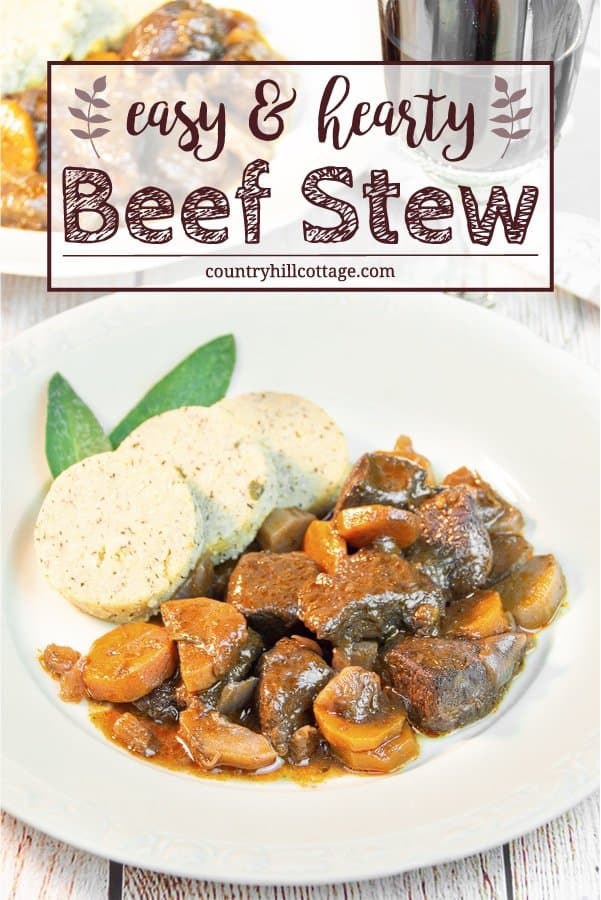 This easy beef stew recipe makes a sumptuous supper and is perfect for cheaper cuts. Our traditional braised beef stew is made with root veggies, fresh herbs, red wine and tasty broth. A slow cooking time guarantees tender meat and a flavourful gravy. The recipe includes instructions for cooking the beef stew on a stove top, in the oven or slow cooker, as well as tips for the type of beef cut you need, seasoning and other ingredients. #beef #stew #beefstew #stewrecipe | countryhillcottage.com