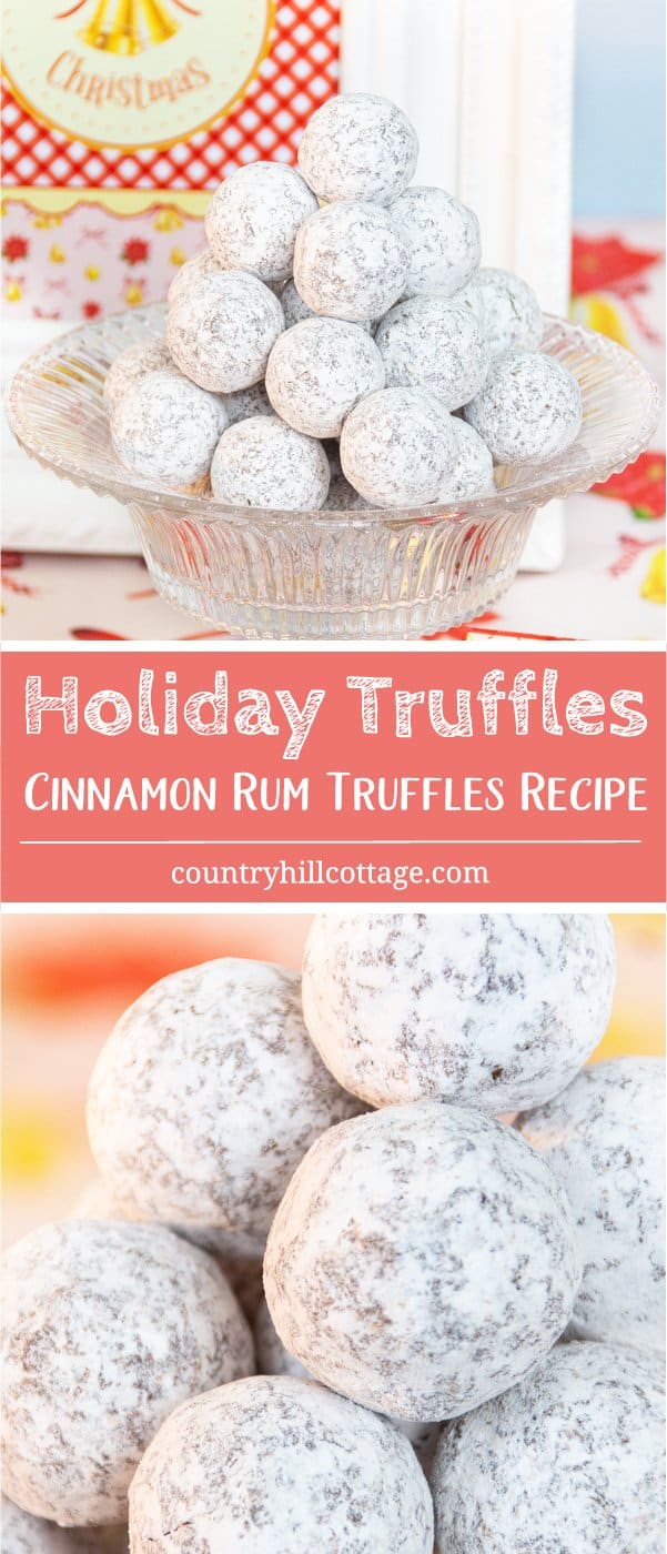 Our easy holiday truffle recipe is an absolute must-try and will be much loved by any foodie and chocolate connoisseur. These quick cinnamon rum truffles are an excellent homemade food gift and stocking filler. You only need milk and semi-sweet chocolate, cream, butter, rum and ground cinnamon to whip up this easy Christmas treat recipe. The recipe includes printable instructions and we also share a few flavour variations. #chocolate #truffles #foodgift #holidayrecipe | countryhillcottage.com Our easy holiday truffle recipe is an absolute must-try and will be much loved by any foodie and chocolate connoisseur. These quick cinnamon rum truffles are an excellent homemade food gift and stocking filler. You only need milk and semi-sweet chocolate, cream, butter, rum and ground cinnamon to whip up this easy Christmas treat recipe. The recipe includes printable instructions and we also share a few flavour variations. #chocolate #truffles #foodgift #holidayrecipe | countryhillcottage.com